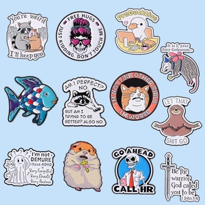 Set of 12 cartoon animal enamel pins with funny internet meme quotes and cute slogans