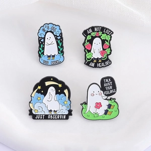 Set of four cute ghost enamel pins with emotional quotes on white background