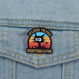 Funny enamel pin featuring a black stressed cat on a retro background for denim jackets