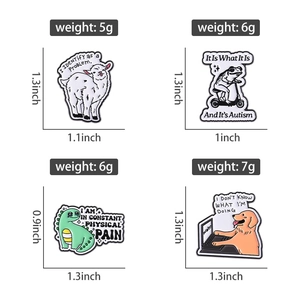 Detailed views of animal enamel pins showing precise size and weight specifications