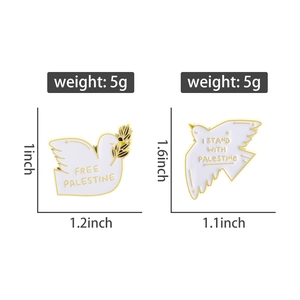 Detailed size and weight specs for white enamel dove pins with olive branch and slogans