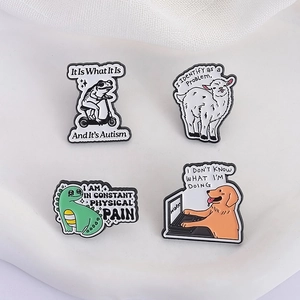 Creative animal enamel pins featuring a frog, sheep, dinosaur, and dog with funny quotes
