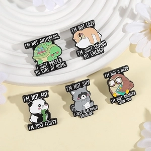 Five cute cartoon animal enamel pins featuring panda sloth and owl on a display tray