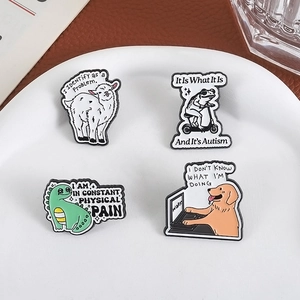 Set of 4 creative cartoon animal enamel pins including dog, frog, dinosaur, and sheep