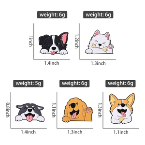 Detailed size chart for variety pack of cute cartoon dog enamel lapel pins and badges