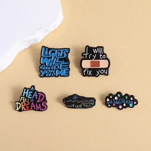 Coldplay inspired enamel pin set with lyrics on black zinc alloy and colorful badges
