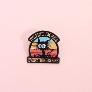 Funny rainbow cat enamel pin with It's Fine I'm Fine text and vibrant retro sunset background