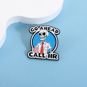 Skeleton office worker enamel pin with coffee mug and humor quotes on blue background