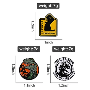 Detailed size specifications of creative cartoon dinosaur metal enamel pins in inches