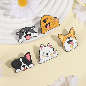Set of 5 cute dog enamel pins featuring Corgi and Husky designs on a white stand