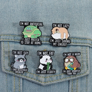 Set of 5 cute enamel animal pins featuring panda and owl on denim jacket pocket