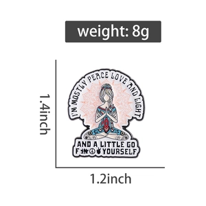 Detail showing cartoon yoga girl enamel pin dimensions and weight for meditation brooch