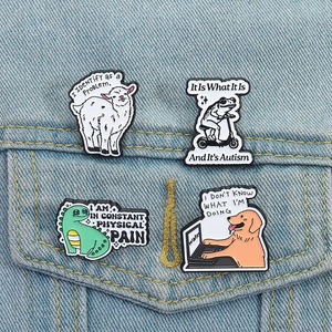 Funny animal enamel pin set with witty slogans on a blue denim jacket pocket
