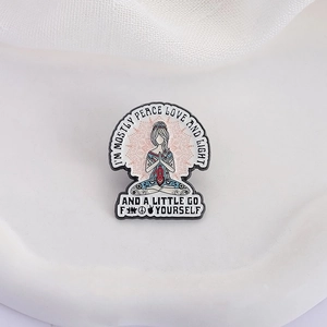 Meditating yoga girl enamel pin with mandala pattern and funny quote for women