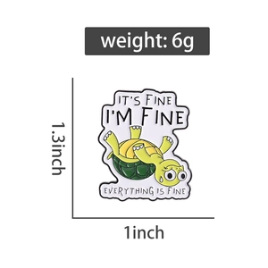 Detail of cute turtle enamel pin showing dimensions 1.3 by 1 inch and humorous design