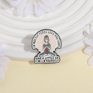 Cartoon girl meditating enamel pin with mandala pattern and funny quote on white background
