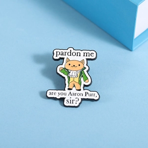 Détail du pin's chat en émail avec costume vert et texte Aaron Purr Sir