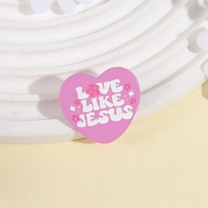 Broche cœur rose en émail avec texte Love Like Jesus et jolis motifs floraux