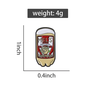 Detail view of organic lemonade enamel pin with precise size and weight measurements
