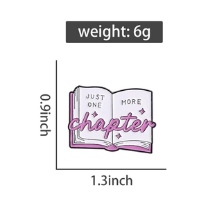Detailed size chart for pink book enamel pin with 'JUST ONE MORE chapter' engraving