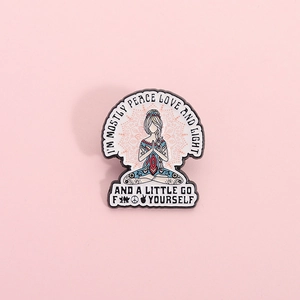 Humorous Yoga Meditating Girl Enamel Brooch Pin Alloy Mandala Pattern Slogan Mostly Peace Love And Light Badge Accessory