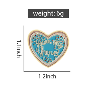 Detailed view of blue heart enamel pin with dimensions 1.2 x 1.1 inches and 6g weight