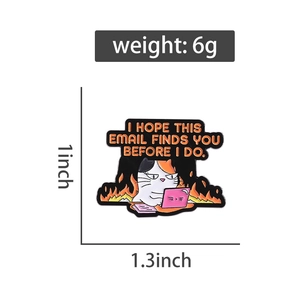 Macro detail of cat email enamel pin showing 1.3x1 inch size and 6g weight specs