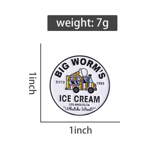Detail of 1-inch Big Worm's Ice Cream truck enamel pin with weight and size markings