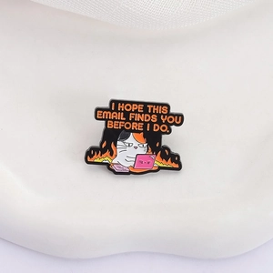 I Hope This Email Finds You enamel pin featuring an angry office cat and fire elements
