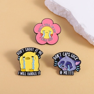 Creative enamel animal brooches featuring crying duck and raccoon with funny quotes
