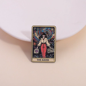 Creative ADHD tarot style enamel pin with female portrait on a clean cream background