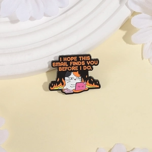 Macro shot of an angry cat pin with fire background and funny work email quote
