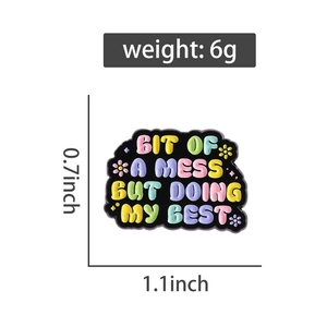 Detail view of colorful enamel pin showing 1.1x0.7 inch dimensions and 6g weight