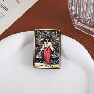 Tarot style ADHD enamel brooch with artistic female figure on a ceramic plate