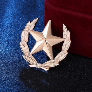 Spilla a stella dorata con spighe di alloro in stile militare su sfondo velluto