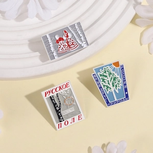Geometric enamel pins set featuring Russian folk costumes and white birch tree designs