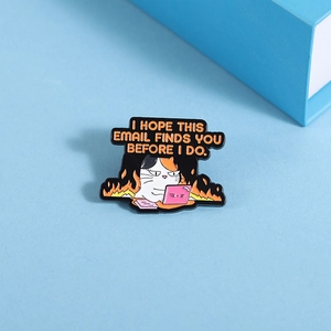 Detailed close-up of a funny enamel cat pin with flames and humorous office text