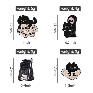 Detailed size and weight specifications for four grim reaper black cat enamel pins
