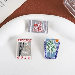 Enamel birch tree Russian pins set with traditional figures in zinc alloy design