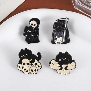 Set of four creative cat and reaper enamel pins for Halloween gothic fashion decor