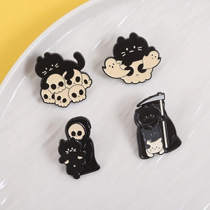 Set of four spooky black cat enamel pins featuring grim reaper and ghost themes