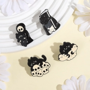 Halloween cat and skull enamel pin set featuring grim reaper feline and ghosts