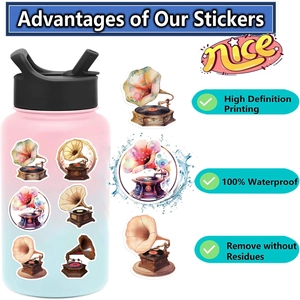 Detail of waterproof phonograph stickers showing HD printing on a laptop and water bottle