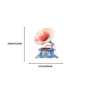 Detailed size specifications for a retro gramophone waterproof sticker with dimensions