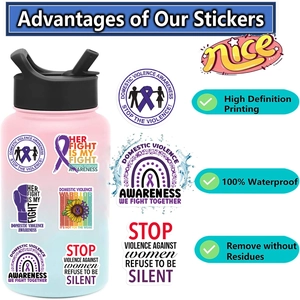 Waterproof domestic violence awareness stickers applied on a blue gradient sports water bottle