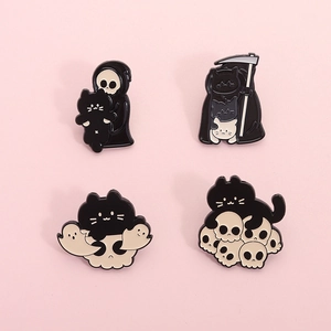 Grim Reaper Black Cat Enamel Pin Gothic Skull Ghost Alloy Brooch For Halloween Festival Costume Backpack Denim Jacket Accessory
