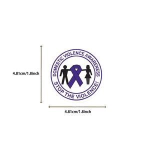 Detail showing a 4.81cm domestic violence awareness sticker with purple ribbon and logo
