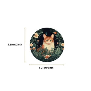 Detail view of 2-inch round waterproof sticker with orange cat and floral illustration