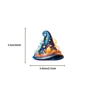 Detailed dimensions of magic hat vinyl sticker with starry sky and galaxy pattern