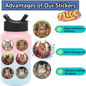 Waterproof cartoon cat stickers shown on a sports bottle with clear design details